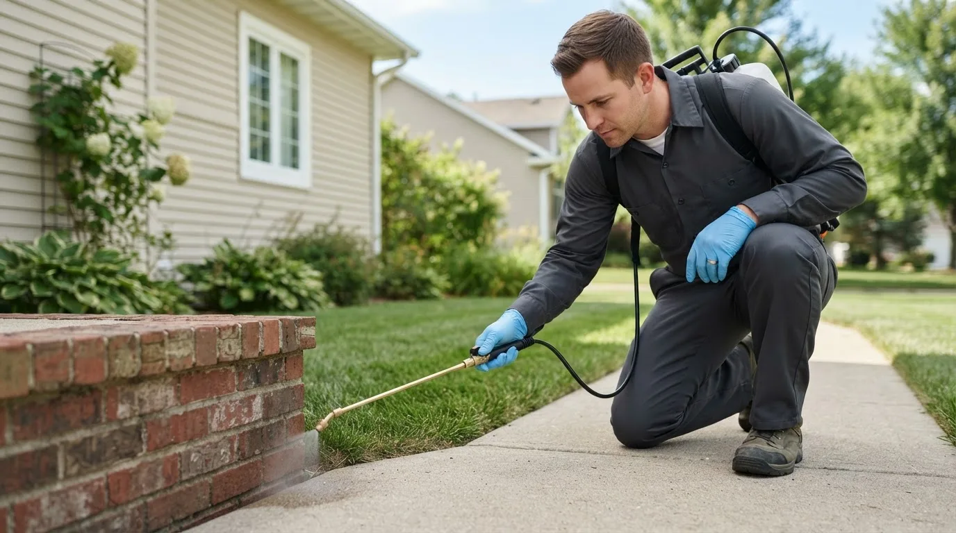 Pest control technician treating a home near West Augusta, VA